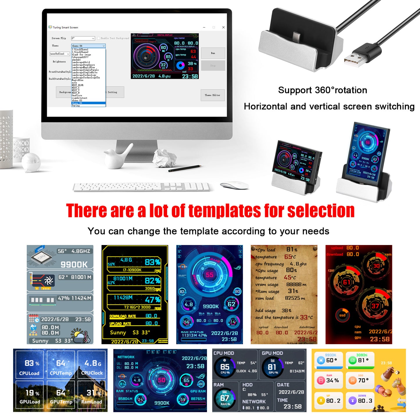 Mystore USB secondary screen monitor with multiple display templates and 360 degree rotation feature