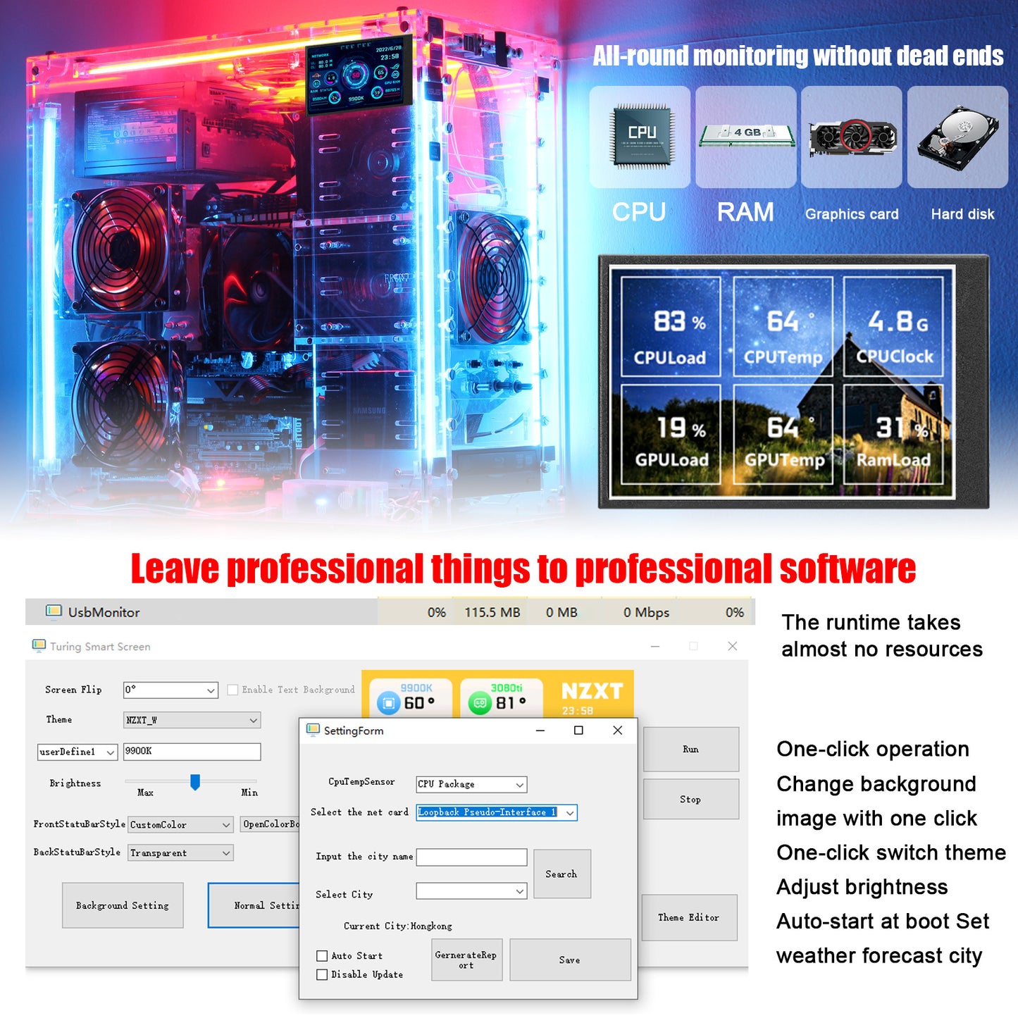 Mystore USB secondary screen monitor LCD tablet displaying system performance metrics in a colorful setup