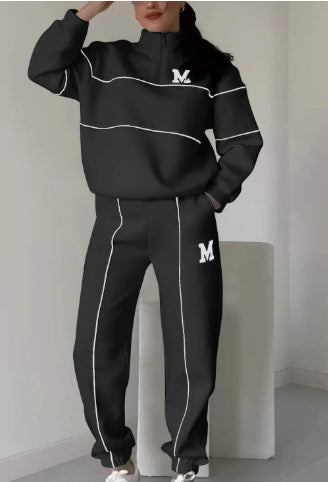 Mystore women's lounge sweatsuit set black 2 piece hoodless outfit with white piping and 'M' logo