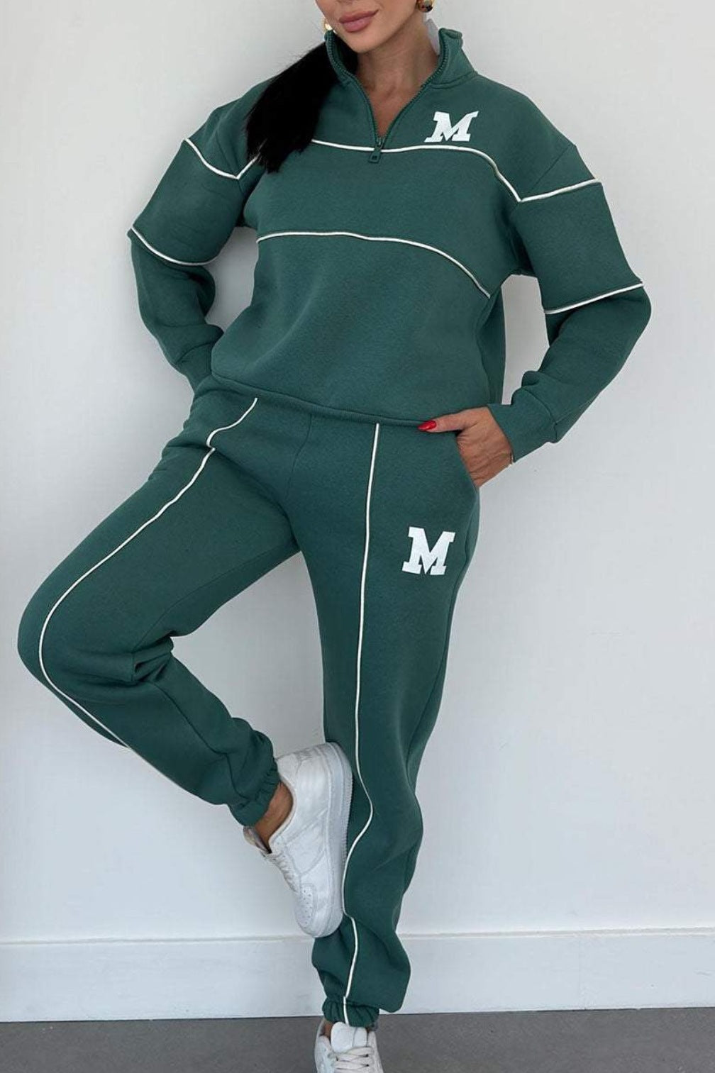 Mystore women's lounge sweatsuit set in dark green with white piping and M logo, hoodless two-piece outfit