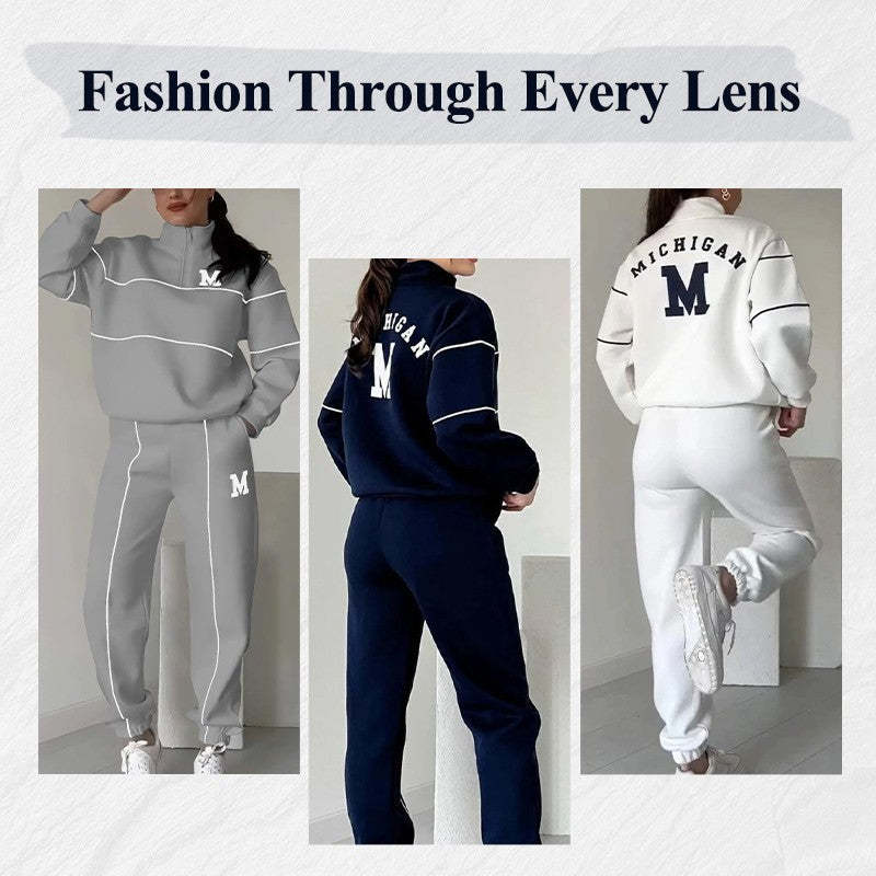 Mystore women's lounge sweatsuit set in gray, navy, and white hoodless 2-piece outfit with Michigan logo