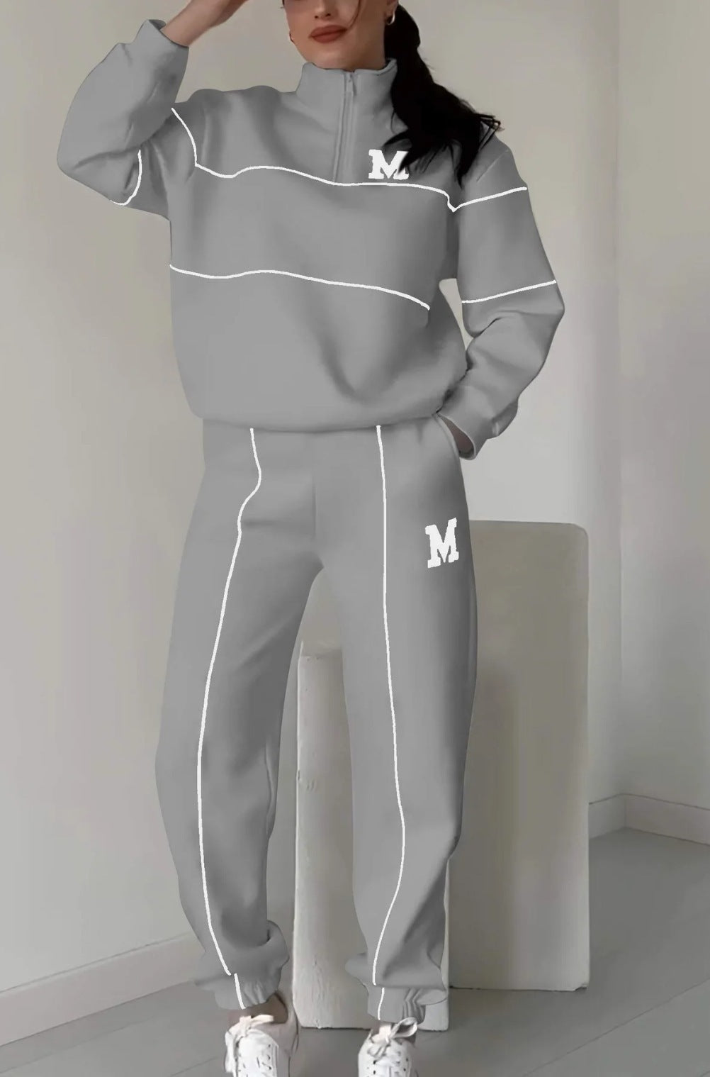 Mystore women's lounge sweatsuit set in gray two piece outfit with white piping and logo