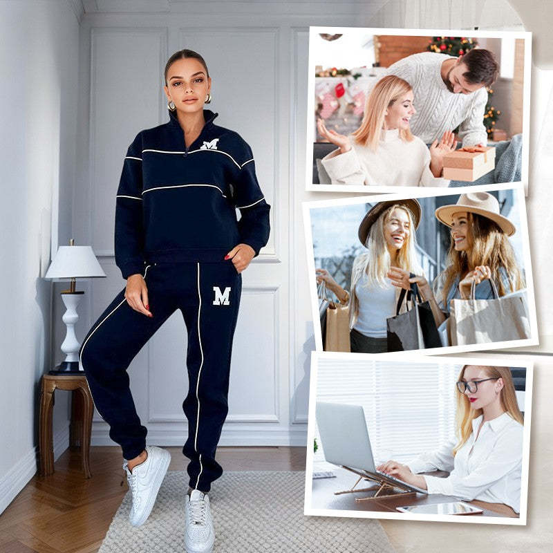 Womens lounge sweatsuit set in navy blue with white piping, two-piece outfit perfect for comfortable loungewear