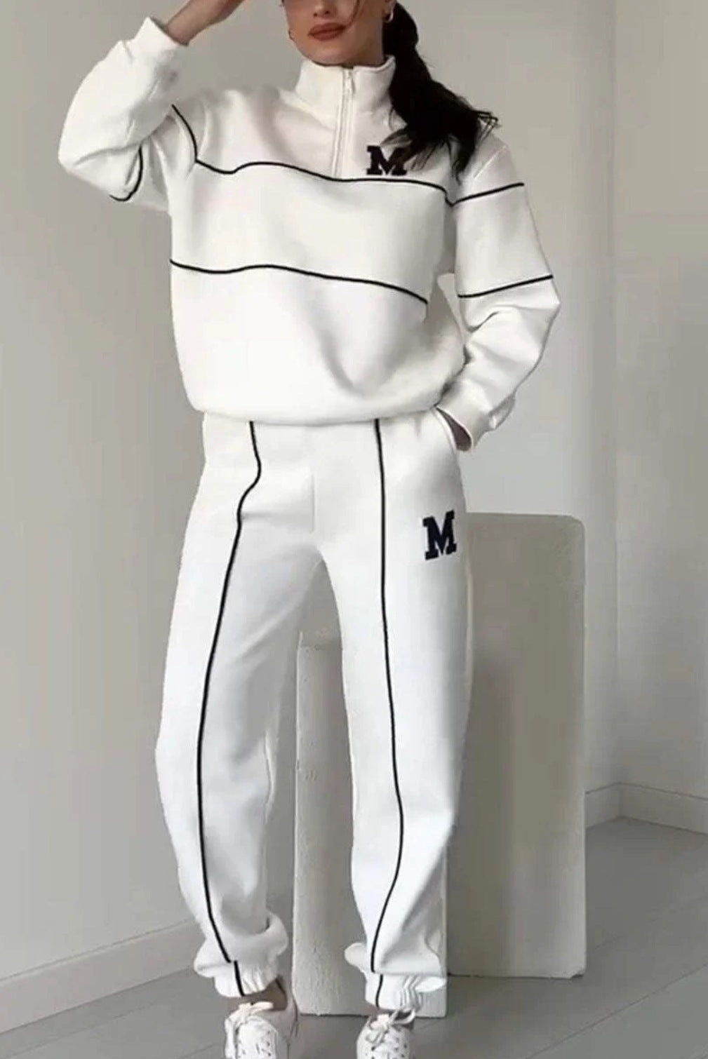 White women's lounge sweatsuit set with black piping and M logo, hoodless 2 piece outfit by Mystore