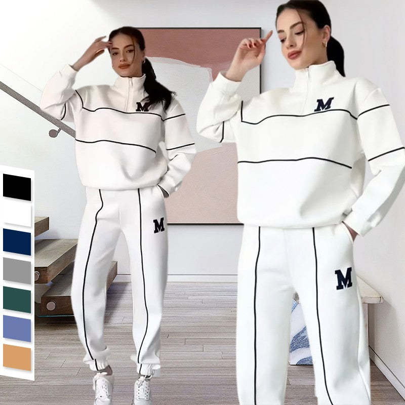 White women's lounge sweatsuit set with black piping and M logo, hoodless 2 piece outfit for casual wear