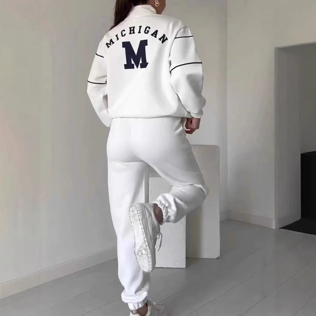 Back view of women's lounge sweatsuit set in white featuring Michigan print and comfortable jogger pants