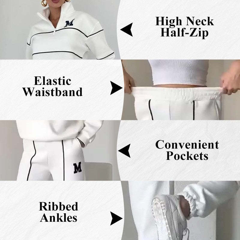 Womens lounge sweatsuit set by Mystore featuring high neck half-zip top, elastic waistband, pockets, and ribbed ankles