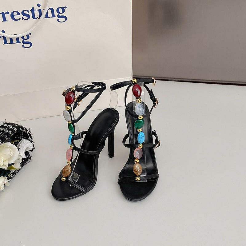 Stylish women's high heel party shoes with colorful gem embellishments for elegant occasions