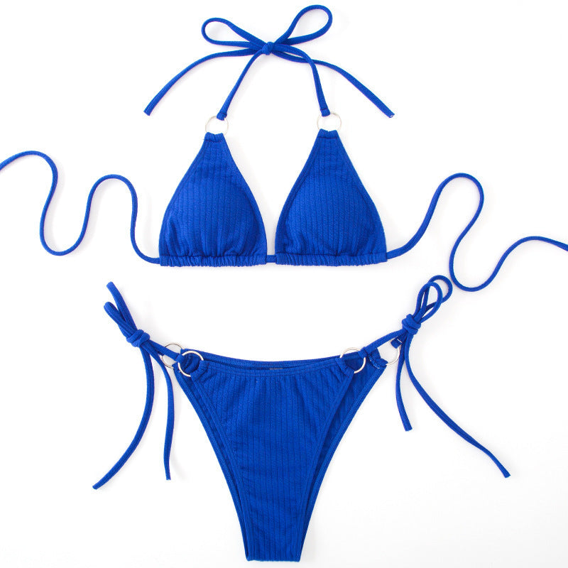 Mystore women's summer thong swimsuit in bright blue with adjustable ties and stylish design