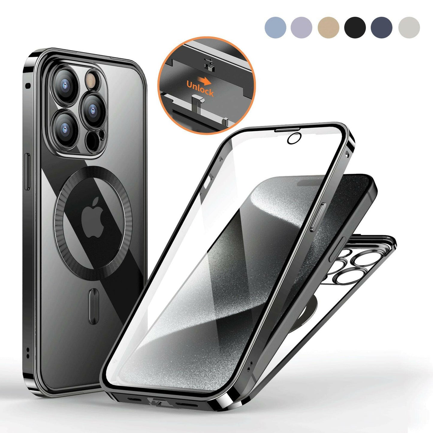 Anti-Privacy Metal Buckle Magnetic Support Wireless Charging Double-Sided Lens Full Cover Phone Case Protective Cover.