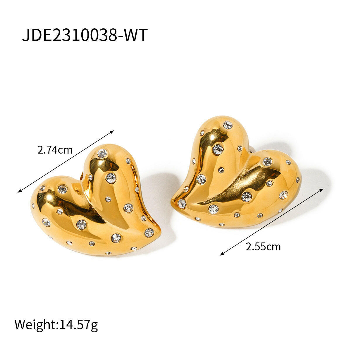 18K gold heart earrings decorated with sparkling stones, stylish and elegant for any occasion