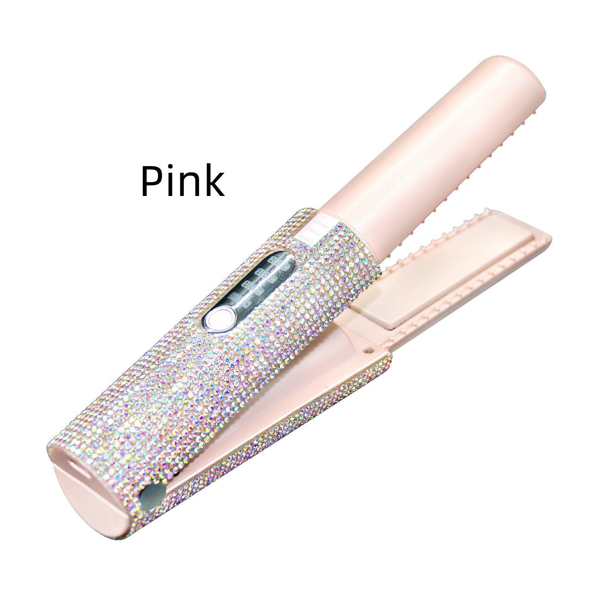 Pink 2-in-1 hair curler and straightener with a sparkling rhinestone design for stylish hair styling