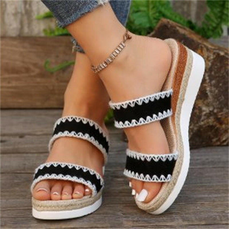 New Hemp Rope Woven Wedge Slippers Summer Ethnic Style Sandals Double Wide Strappy Shoes For Women.