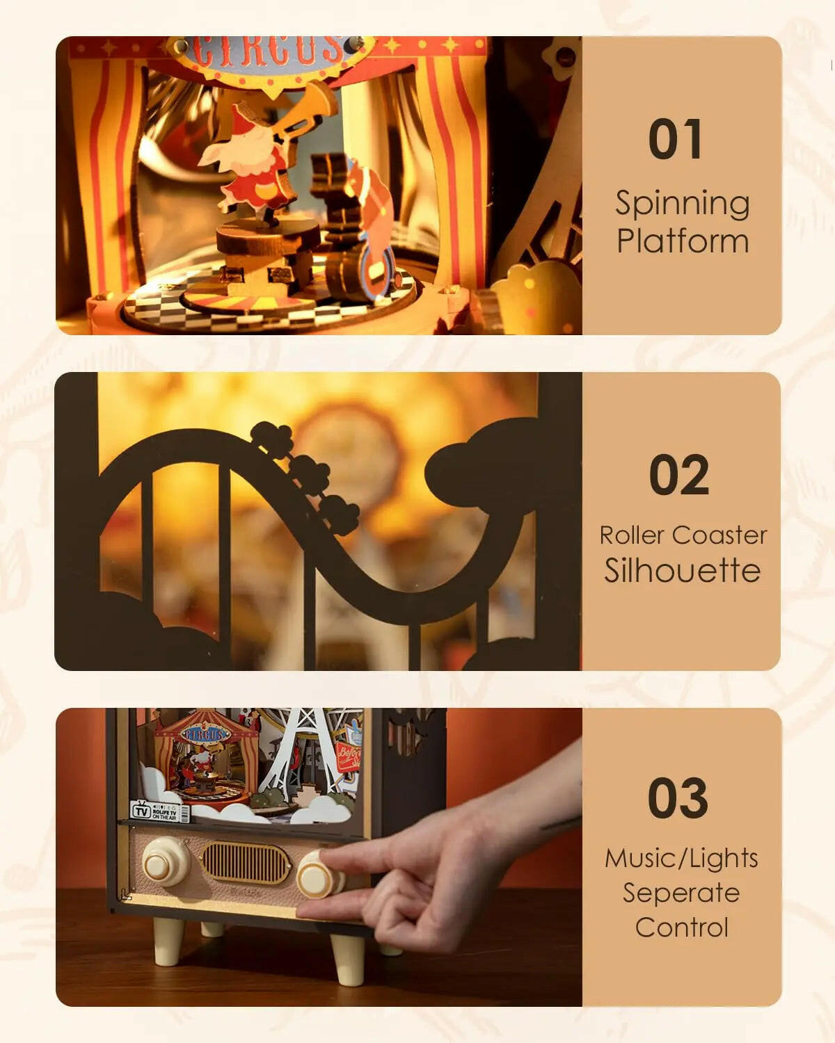 Robotime Rolife Sunset Carnival Music Boxes With Lights For Kids Adults Home Decoration Luxurious Design 3D Wooden Puzzle Toys.