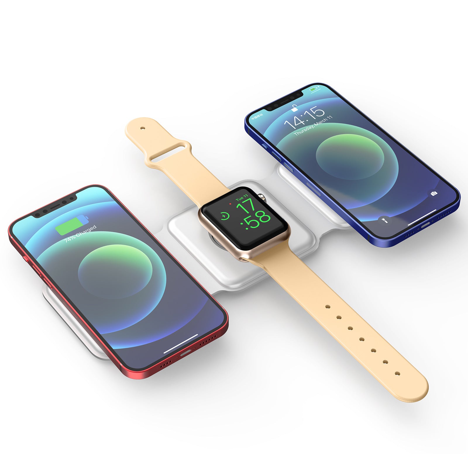 3-in-1 magnetic wireless charger for smartphones and smartwatches with sleek design and fast charging capabilities
