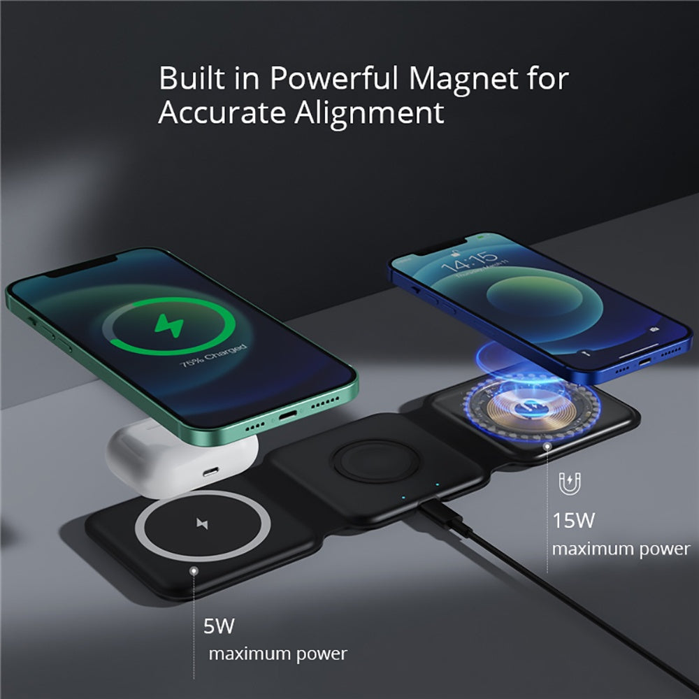 3-in-1 magnetic wireless charger with powerful magnet for accurate alignment and multiple device support