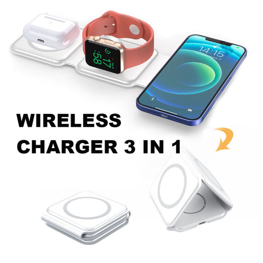 3-in-1 magnetic wireless charger for smartphone, smartwatch, and earbuds on a sleek charging pad