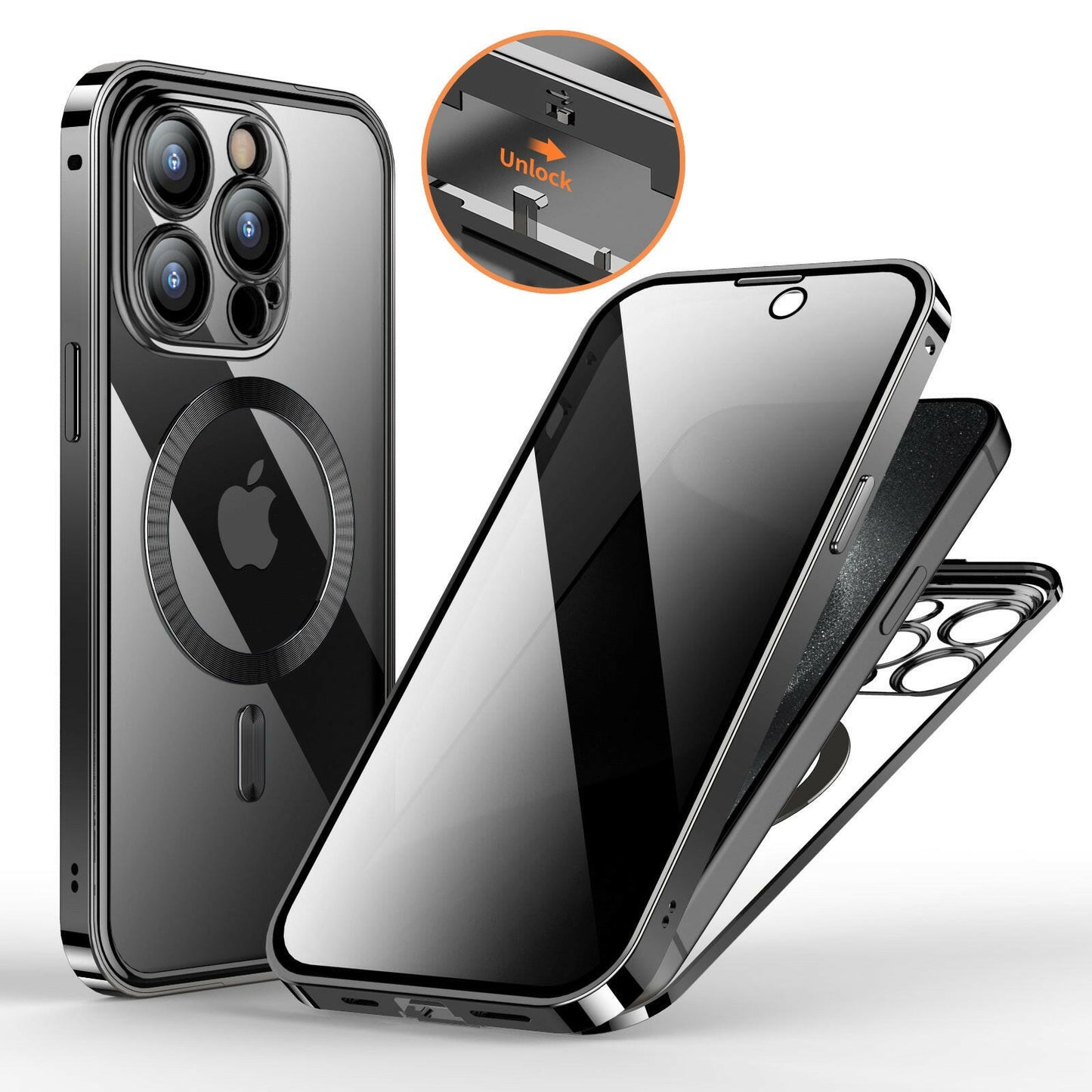 Anti-Privacy Metal Buckle Magnetic Support Wireless Charging Double-Sided Lens Full Cover Phone Case Protective Cover.