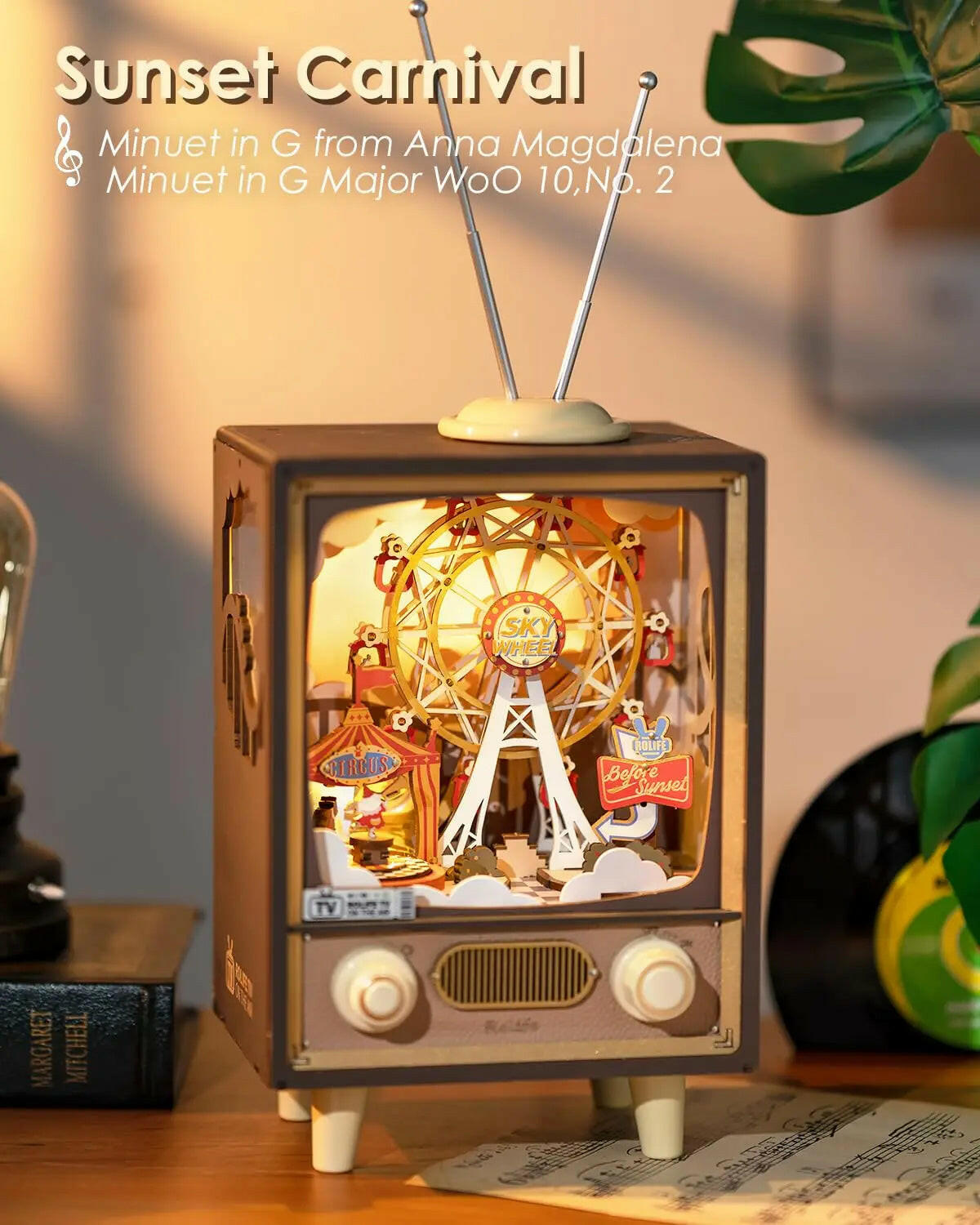 3D wooden puzzle music box of a sunset carnival with Ferris wheel and vintage TV design