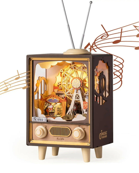 3D wooden puzzle music box in the shape of a vintage TV with moving parts and musical features