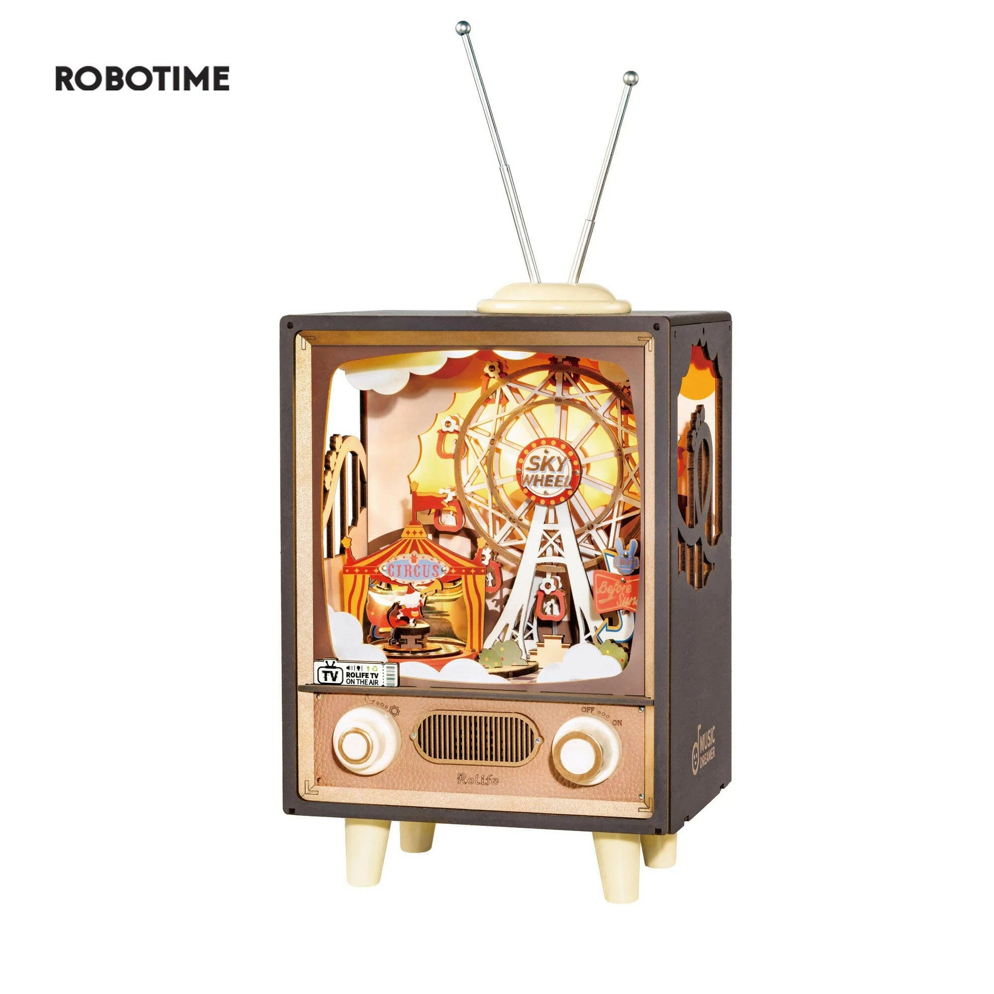 3D wooden puzzle music box designed as a vintage TV with musical carousel scene