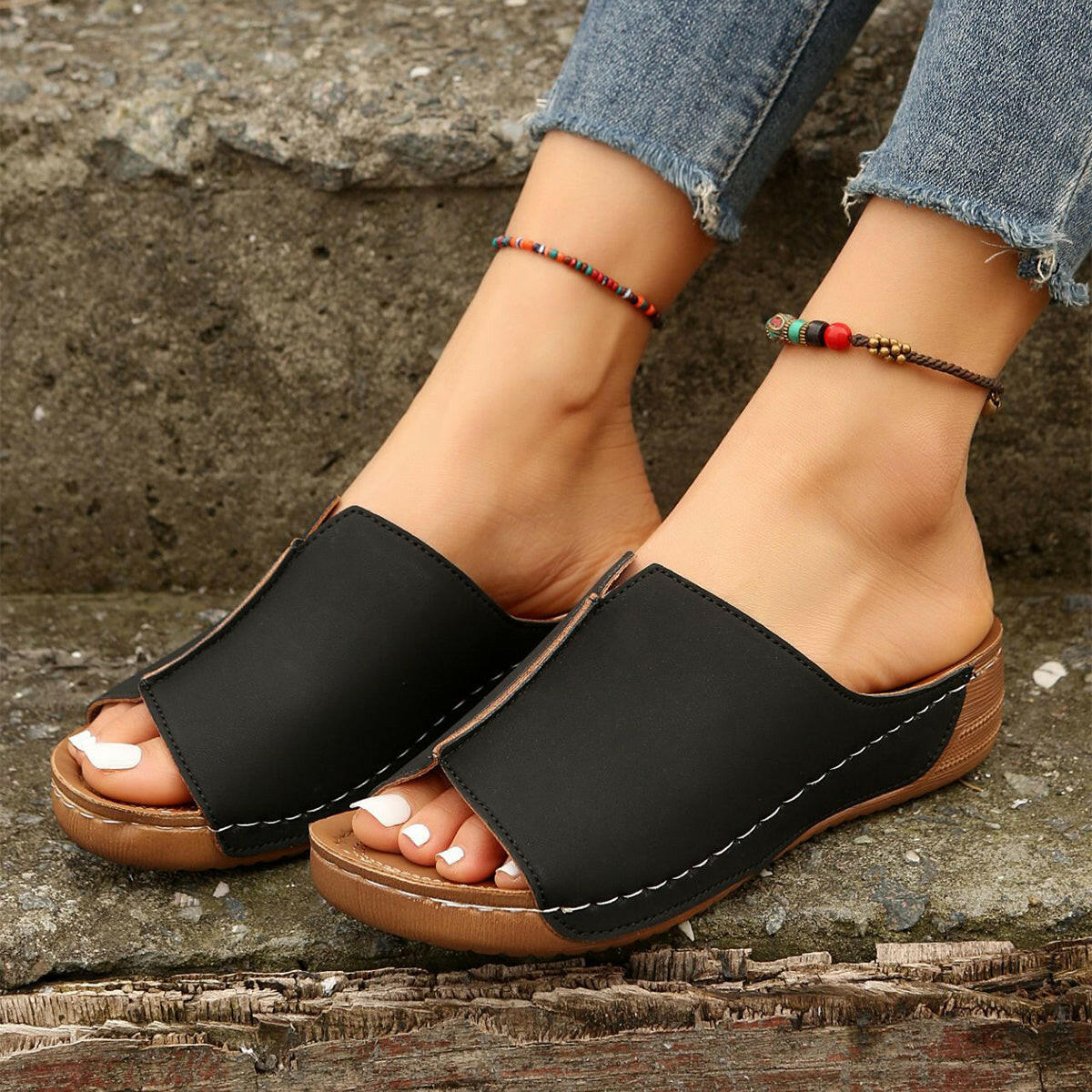 Fashion Solid Wedges Sandals Summer Casual Peep-toe Slippers Outdoor Thick Sole Heightening Slides Shoes Women.