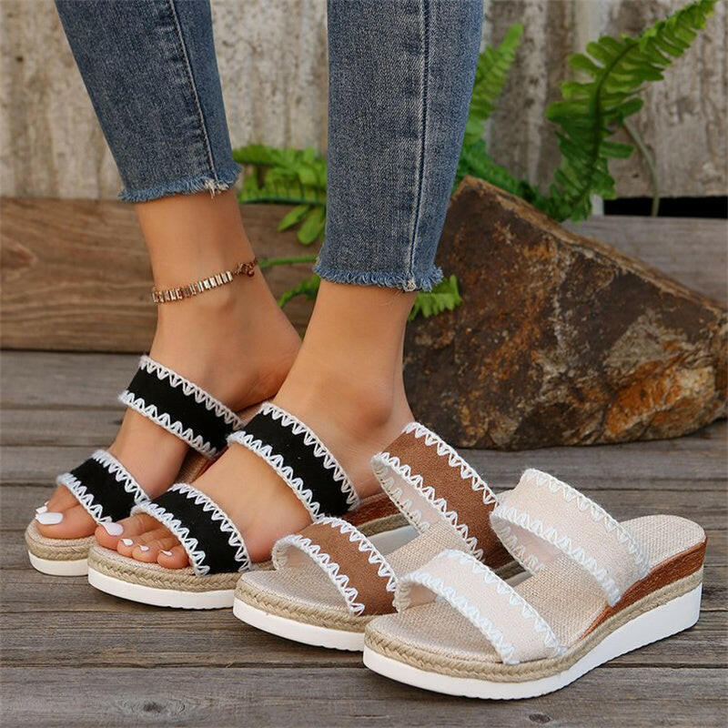 New Hemp Rope Woven Wedge Slippers Summer Ethnic Style Sandals Double Wide Strappy Shoes For Women.