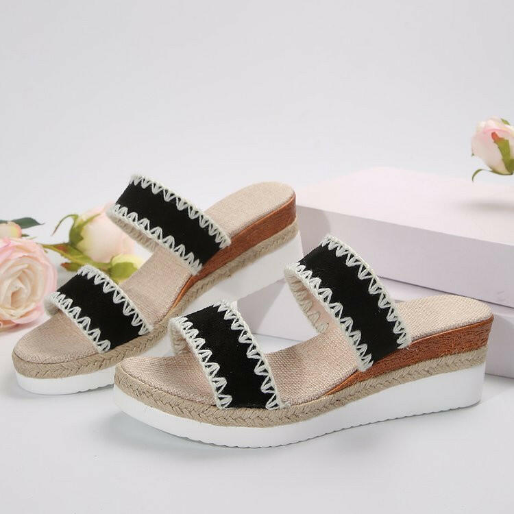 New Hemp Rope Woven Wedge Slippers Summer Ethnic Style Sandals Double Wide Strappy Shoes For Women.