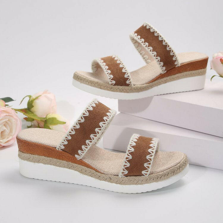 New Hemp Rope Woven Wedge Slippers Summer Ethnic Style Sandals Double Wide Strappy Shoes For Women.