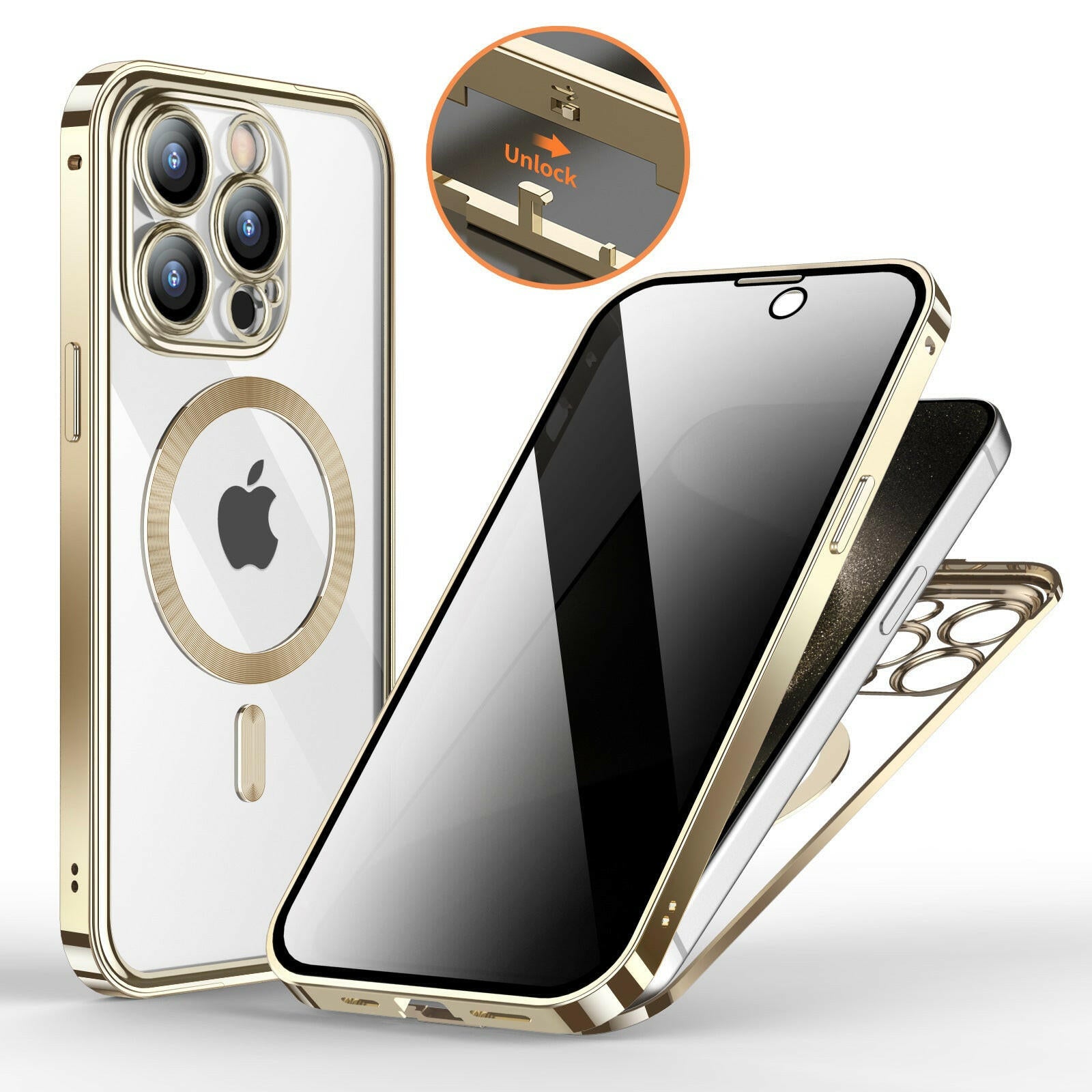 Mystore anti-privacy phone case featuring a sleek design with gold accents and precise cutouts