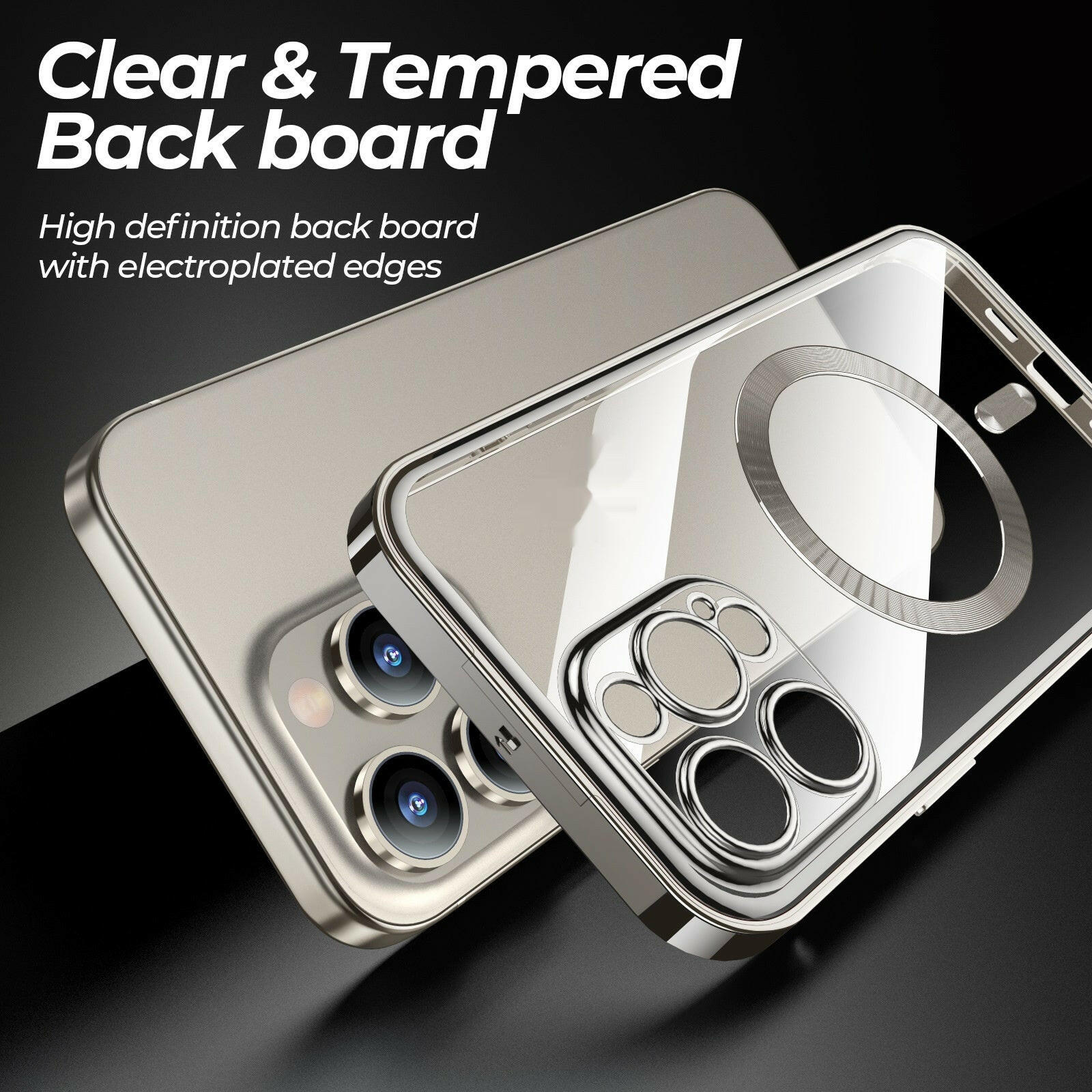 Clear tempered back board silicone case with electroplated edges, featuring an anti-privacy phone case design
