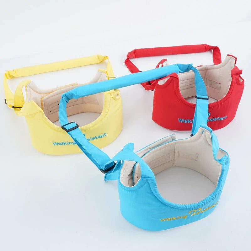 Colorful baby walking assistant in yellow, red, and blue for supporting toddlers as they learn to walk
