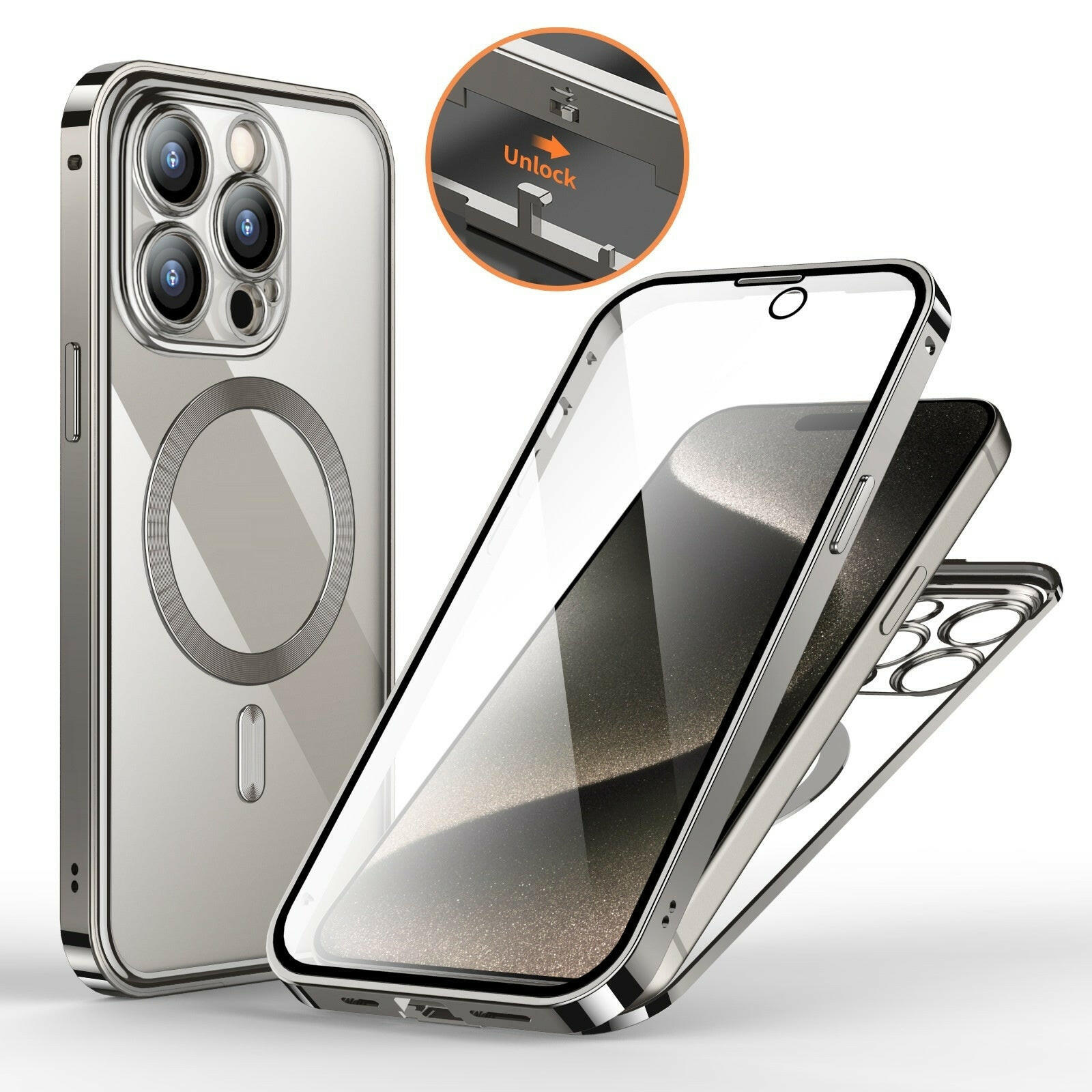 Anti-Privacy Metal Buckle Magnetic Support Wireless Charging Double-Sided Lens Full Cover Phone Case Protective Cover.