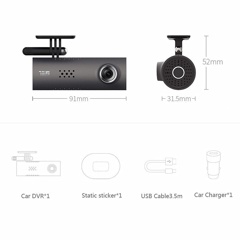 Mystore Car Dash Smart WiFi DVR with compact design and included accessories for vehicle security