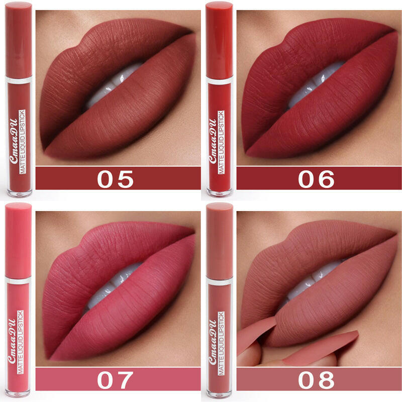 Mystore durable matte lip color shades 05, 06, 07, and 08 displayed on lips for vibrant looks