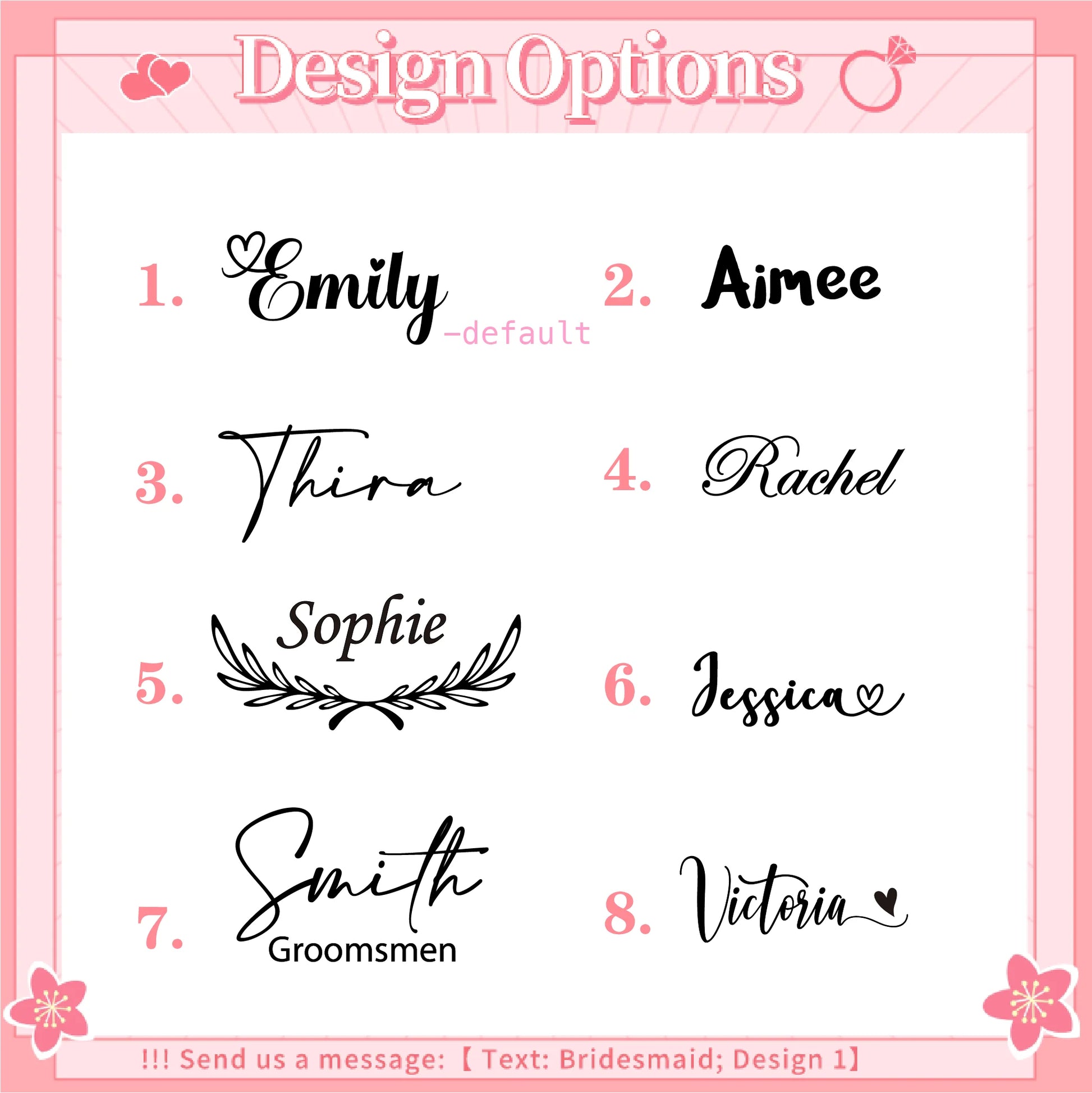 Custom engraved wooden hair brush design options including various names and styles for personalization