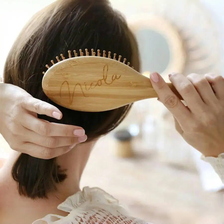 Custom engraved wooden hair brush with personalized name for stylish hair care