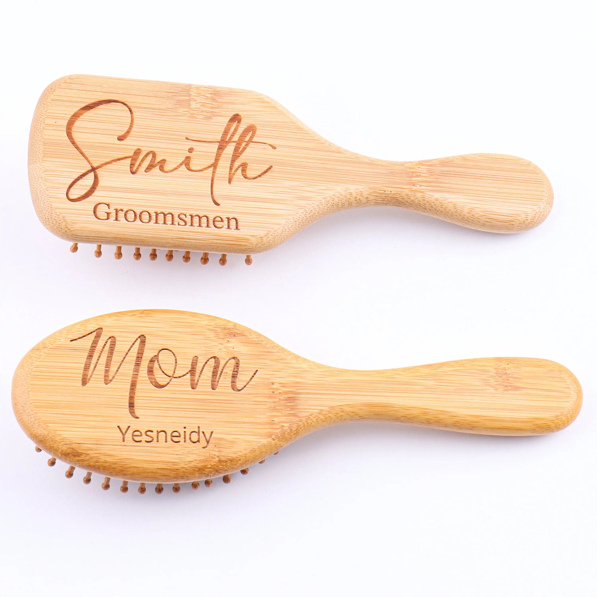 Custom engraved wooden hair brush personalized with names for unique gifting options