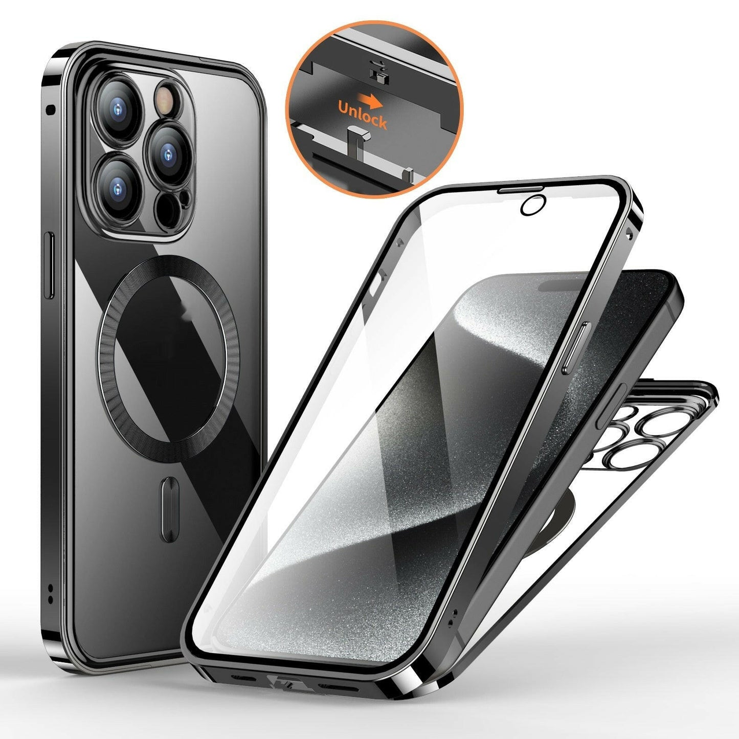 Anti-Privacy Metal Buckle Magnetic Support Wireless Charging Double-Sided Lens Full Cover Phone Case Protective Cover.