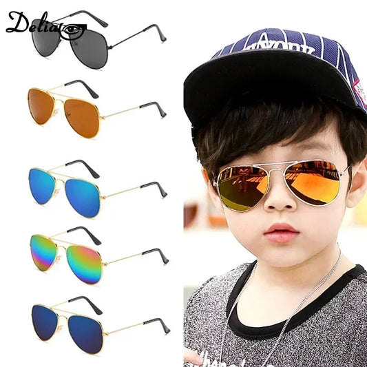 Colorful reflective eyewear for kids displayed on a young child wearing stylish shades