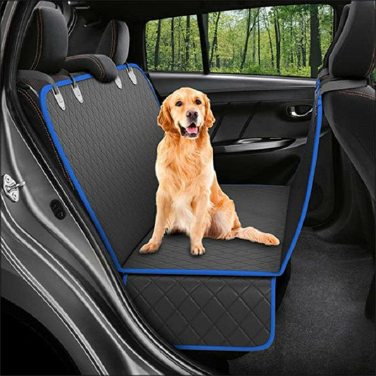 Durable dog car seat cover in black, protecting your car seats with a happy golden retriever seated