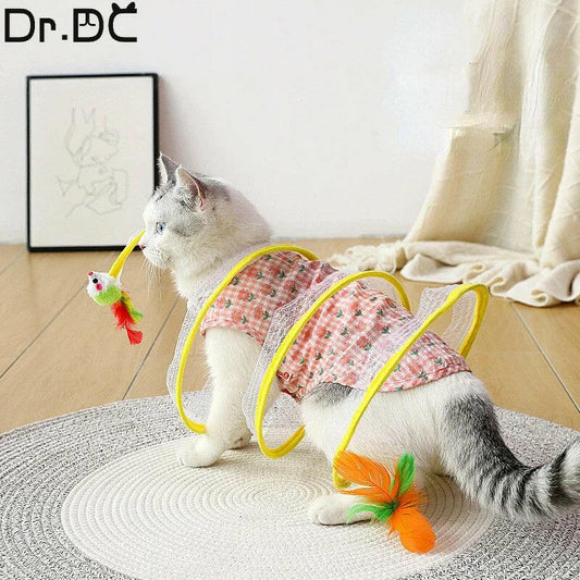 Foldable cat tunnel toy with colorful attachments for playful cats at home