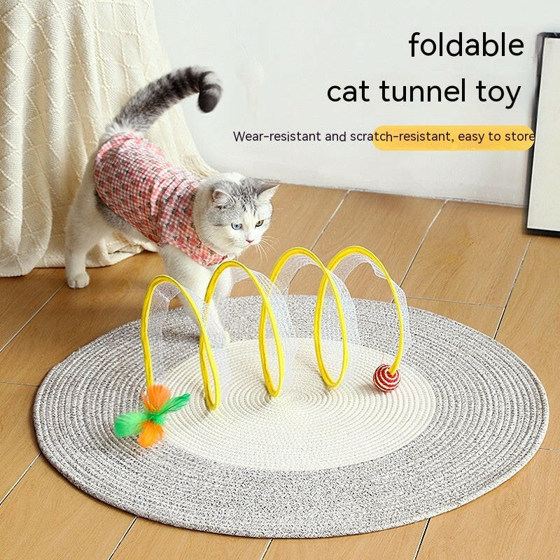 Foldable cat tunnel toy with colorful arches and dangling toys for playful cats