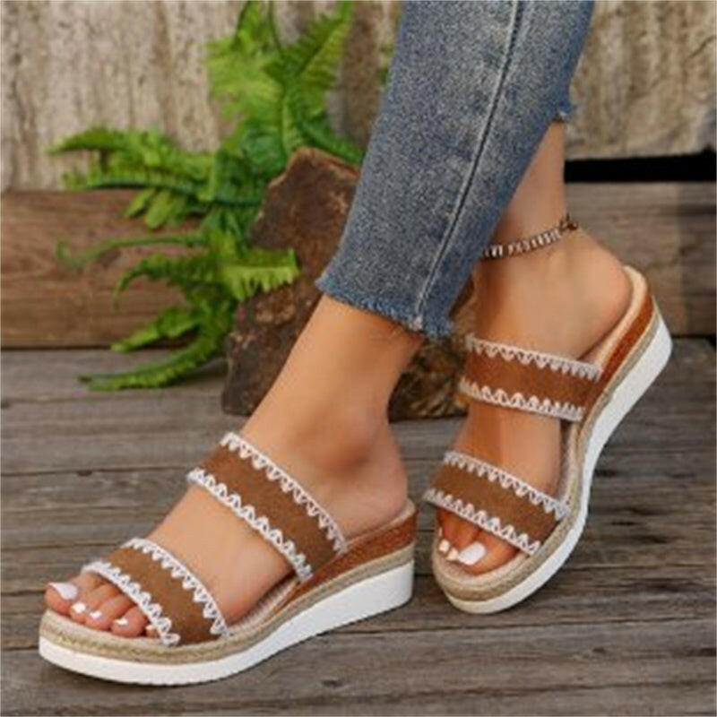 New Hemp Rope Woven Wedge Slippers Summer Ethnic Style Sandals Double Wide Strappy Shoes For Women.