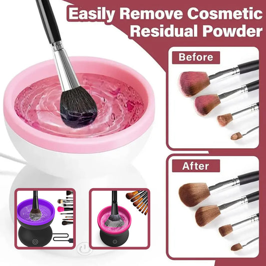 Electric makeup brush cleaner efficiently cleans and revitalizes makeup brushes, removing all residues and powders.