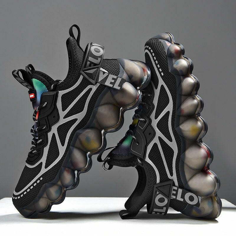Black fashion trend athletic sneakers with unique bubble sole design for stylish comfort
