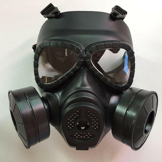 Industrial safety gas mask for protection against hazardous substances with dual filters and clear lenses