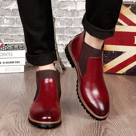 Stylish red leather boots for men with comfortable elastic side panels and durable soles