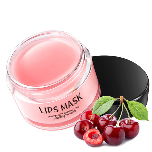 Mystore Cherry Night Moisturizing Lip Care Mask in a jar with cherries for soft, hydrated lips