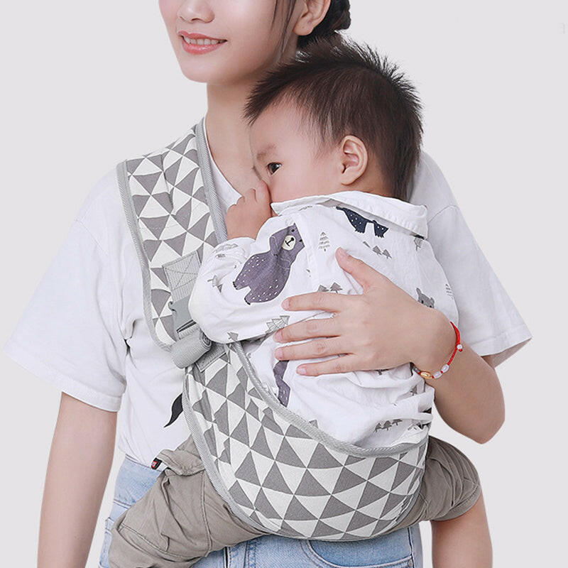 Mystore one-shoulder baby carrier in gray geometric design, providing comfort and support for parents and babies